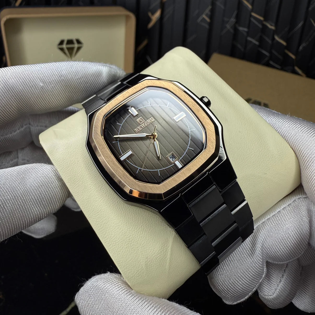 RELOJ REWARD༺VIP༻ DE LUJO EN ORO ROSA Y NEGRO